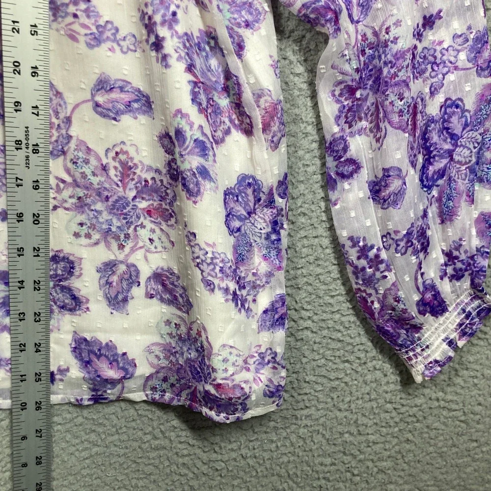 LOFT Blouse Women XL White Purple Floral Smocked Mock Neck Clip Dot Puff Sleeve